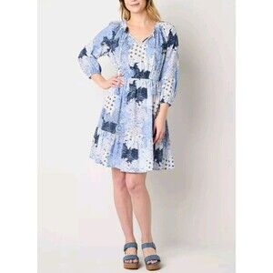 Frye and Co. Womens 3/4 Sleeve Floral Peasant Dress English Manor Combo Blue XXL